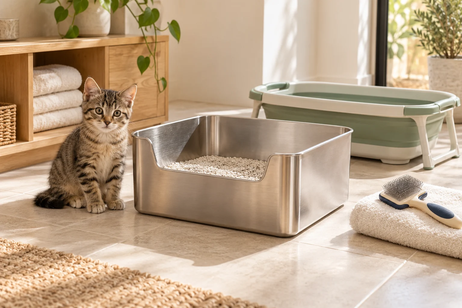 A stainless litter box, foldable bath and grooming brush in a bright room