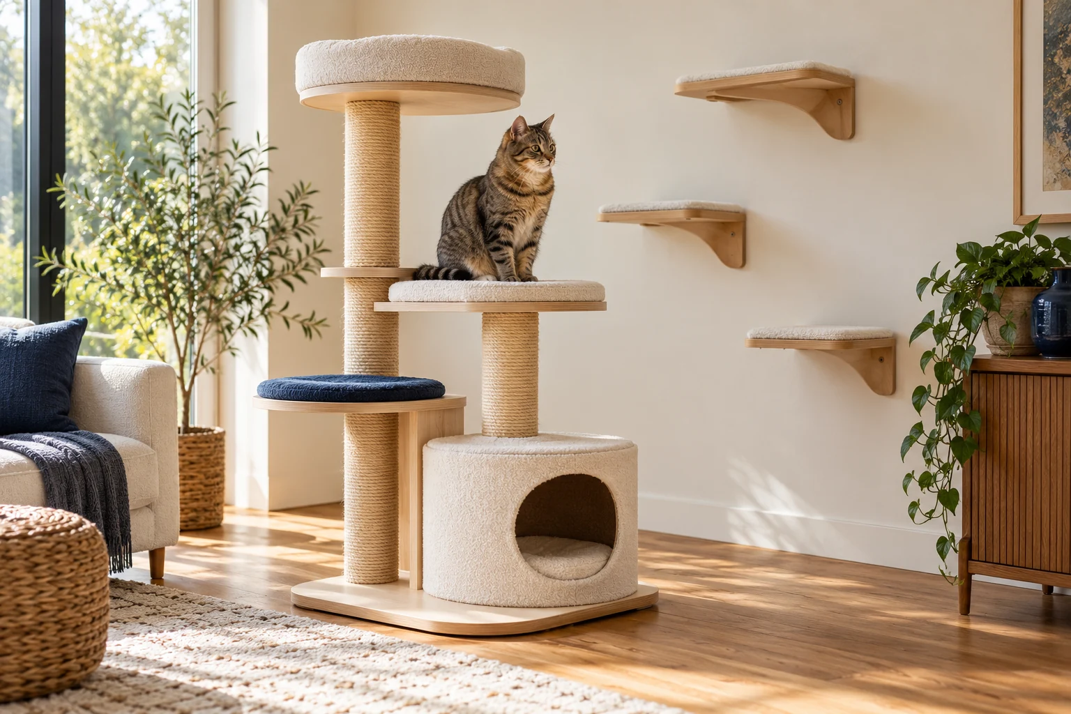 A tabby cat on a light wood cat tree beside wall-mounted shelves