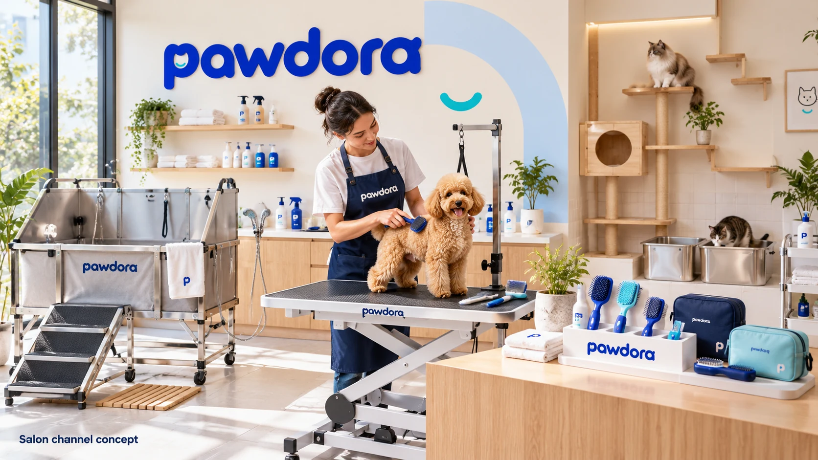 Illustrative groomer brushing a dog on a grooming table beside bathing equipment and care accessories