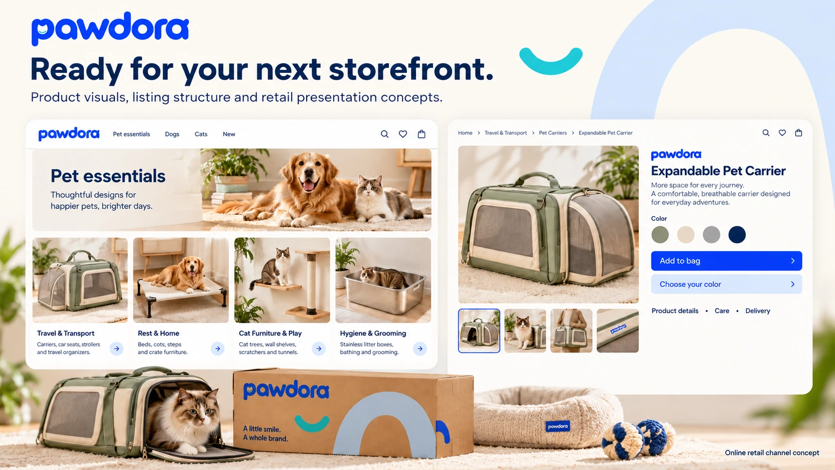 Illustrative online storefront and product page for a pet carrier, with lifestyle imagery and branded packaging
