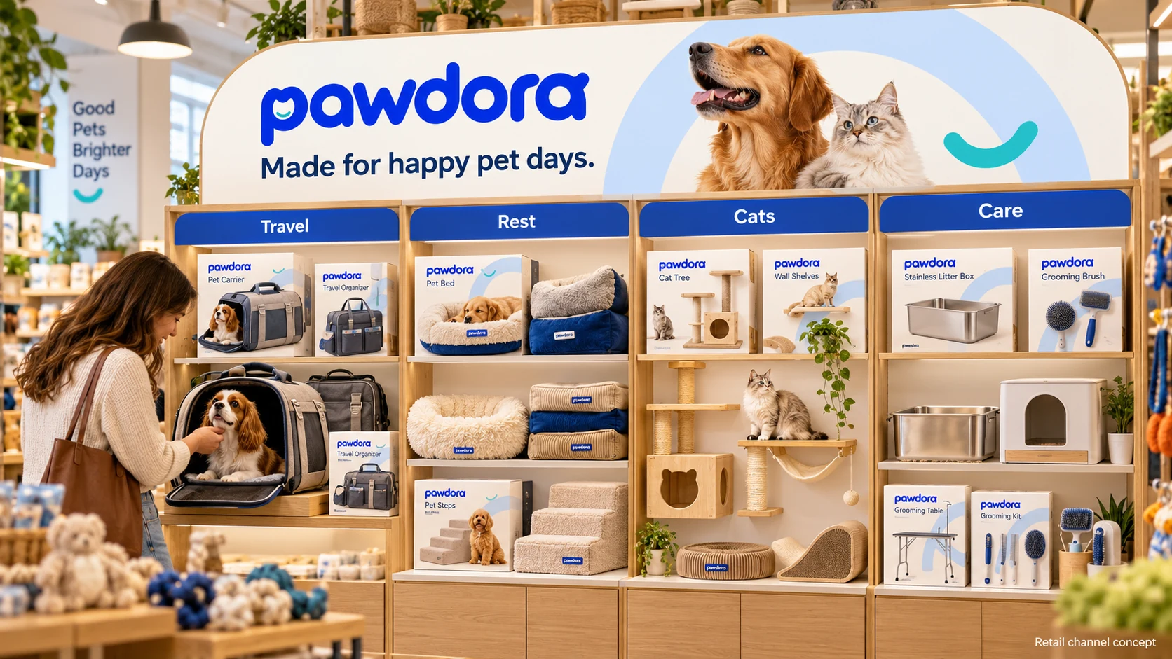 Illustrative pet store with coordinated Pawdora carriers, beds, cat furniture and care products on wooden shelves