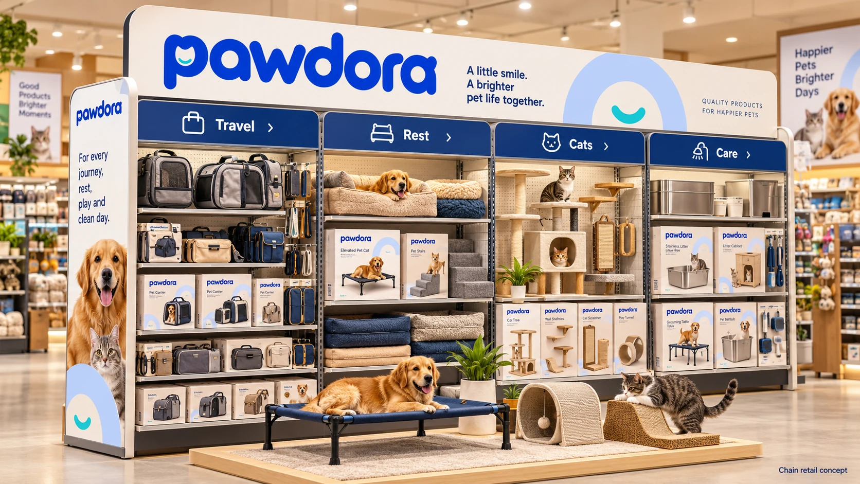 Illustrative retail-chain display with travel, rest, cat and care product categories in one branded fixture