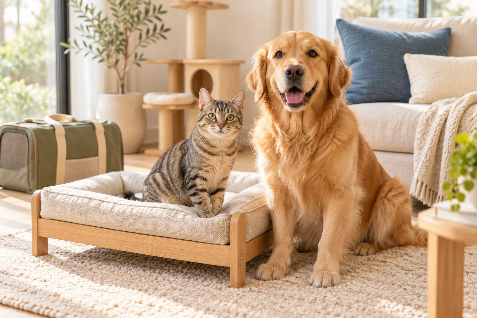 A golden retriever and tabby cat at home with pet lifestyle products