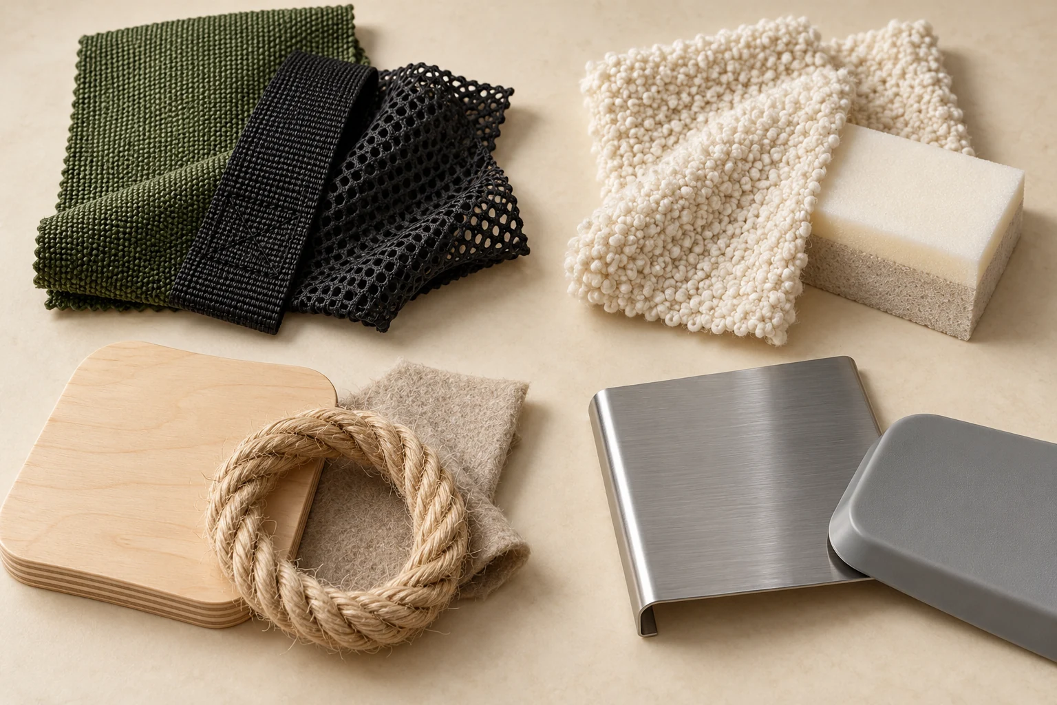 Concept material sampling board with textile, foam, wood, sisal and metal