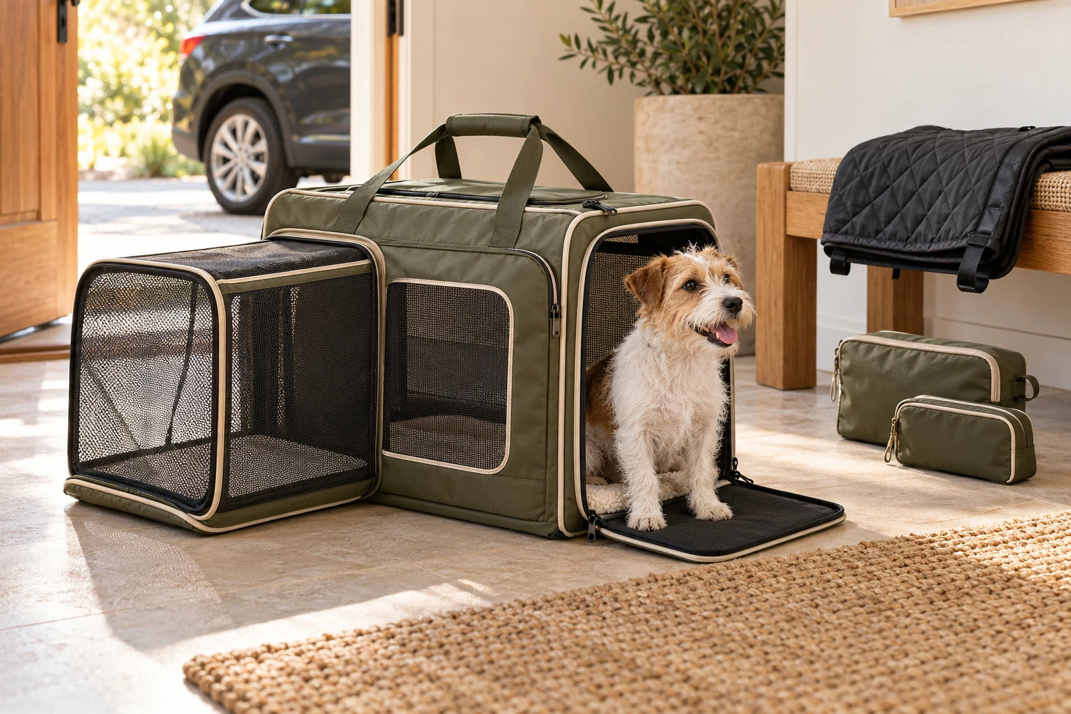 An expandable olive pet carrier with travel accessories and a small dog
